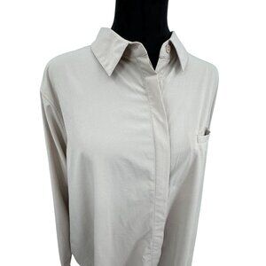 Athleta Urbanite Shirt 2X Women Beige Button Long Sleeve Stretch Career Comfort